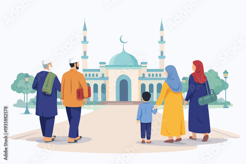 Muslim people walking toward mosque for prayer, illustration representing Islamic daily life and spirituality.