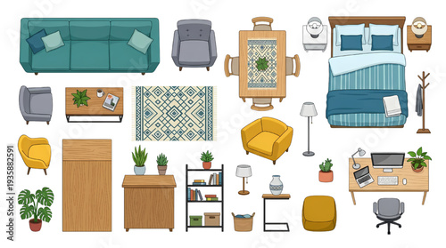 Colorful Living Room Furniture Top View – Interior Floor Plan Elements Set