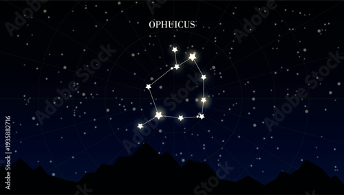 Ophuicus zodiac constellation on a dark night sky background with stars, astrology, astronomy vector design elements