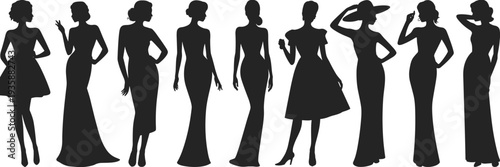 Elegant women silhouette collection, fashionable female poses in dresses and gowns, stylish lady figures set, beauty fashion model vector illustration isolatedElegant  