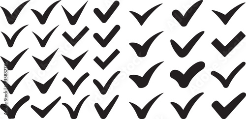 Many black checkmark or tick symbols are displayed in different styles on a clean white background