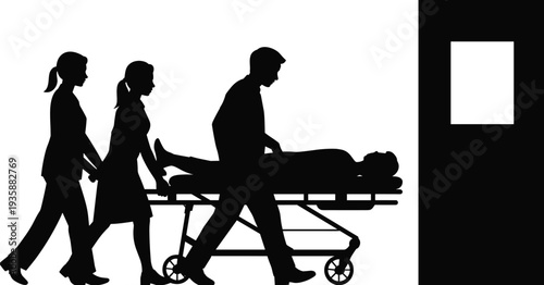 Emergency medical team pushing patient on stretcher to hospital entrance, paramedics and nurses rescue scene, healthcare transport silhouette vector illustration