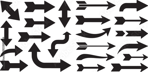 Many black arrow symbols are presented in diverse shapes and directions on a simple white background