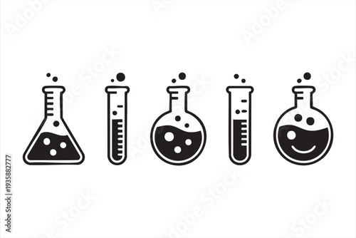 Black laboratory equipment icons for medical, biotechnology and scientific design