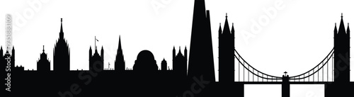 London skyline silhouette panorama with Tower Bridge, The Shard, St Paul Cathedral and historic landmarks, United Kingdom cityscape travel vector illustration