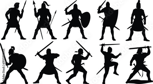 Medieval warrior silhouettes set with knights holding swords, shields and spears, ancient battle fighter vector collection for history, fantasy and combat design
