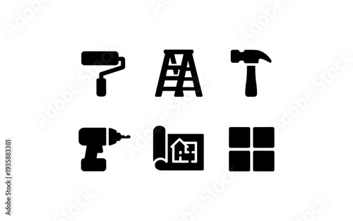 Collection of construction and renovation tool icons on a white background