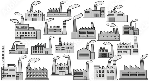 Collection of Industrial Factory Buildings with Smoke Stacks.