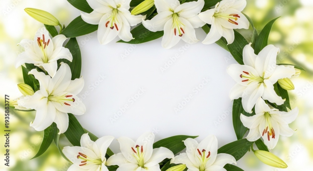 Fototapeta premium Lily bloom border White lilies encircle a white space on a blurred green background