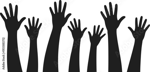 Raised hands silhouette collection, diverse human arms reaching upward gesture isolated on white background for voting, protest, support and teamwork concepts