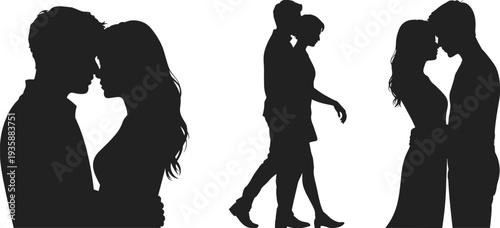 Romantic couple silhouettes set with kissing lovers and walking pair, love relationship vector illustration collection for wedding design, valentine greeting and romantic concept