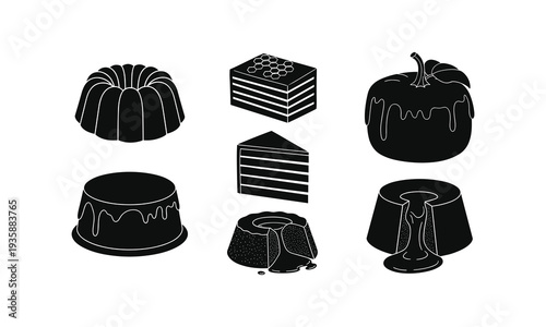 Stylized black and white illustrations of various desserts and confectionery