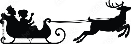 Santa Claus sleigh with reindeer silhouette, Christmas holiday scene with waving child passenger isolated on white background festive winter illustration