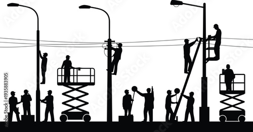 Street light maintenance workers silhouette, electricians repairing lamp posts with lift platforms and ladders isolated on white background