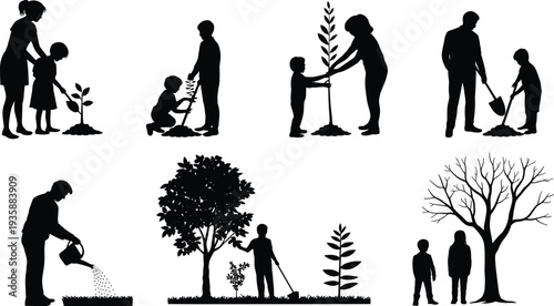 Tree planting silhouette collection, parents and children gardening together, environmental conservation and nature care concept, family planting tree vector illustration set