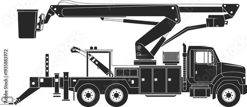 Utility bucket truck with hydraulic aerial lift platform, maintenance service vehicle for electrical repair and construction work, industrial equipment vector illustration
