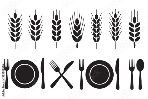 Wheat and dining icon set for food, agriculture and restaurant design concepts