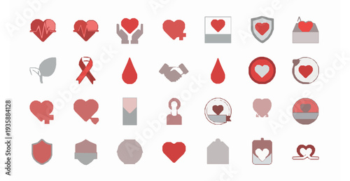 Modern Heart Health And Charity Icon Set With Medical Care Donation Support Symbols Vector Illustration
