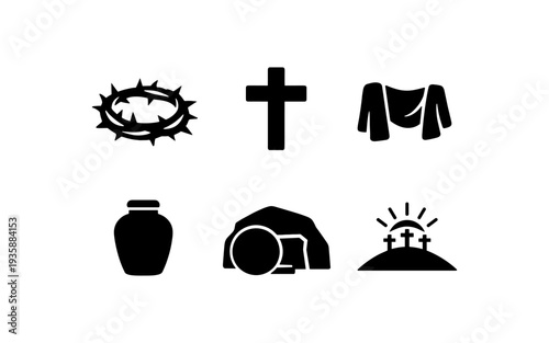 Easter symbols: crown of thorns, cross, shroud, tomb, and resurrection