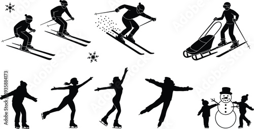 Winter sports silhouettes set with skiing, sledding, ice skating and snowman building activities, seasonal outdoor recreation and holiday fun vector illustration