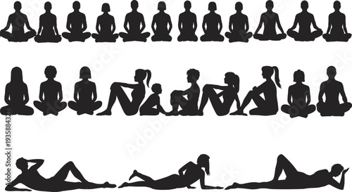 Yoga meditation silhouette collection, men and women sitting lotus pose and relaxing positions, mindfulness wellness exercise set, fitness meditation vector illustration