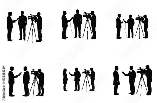 News Team Silhouette Set with Reporters and Cameramen Vector Illustration