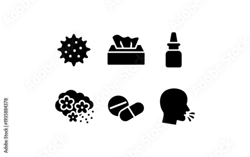 Allergy and cold symptoms icons: virus, tissues, nasal spray, pollen, pills, sneezing