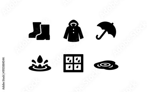 Collection of weather-related icons including rain boots, raincoat, umbrella, and puddles