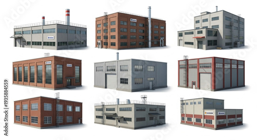 Collection of Industrial Factory Buildings Isolated on White Background.