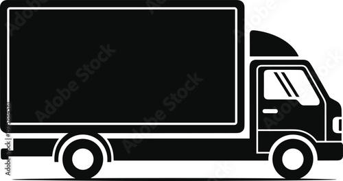 Black delivery truck silhouette for logistics shipping and transport services, commercial cargo van icon, isolated professional cad drawing flat vector illustration.