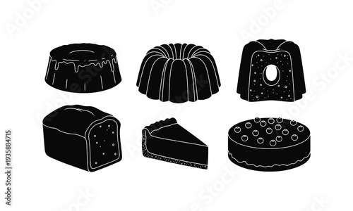 Black and white illustration of various baked goods arranged together