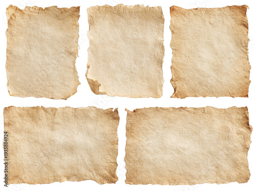Vintage parchment paper fragments isolated on transparent background