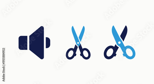 A trio of simple flat icons featuring a speaker symbol for volume control and two stylized scissors for cutting or editing functions.