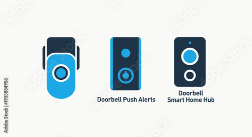Collection of three icons for smart home technology: a doorbell push alert device, a smart home hub, and a doorbell system.