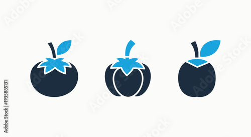 Flat icons of fruits and vegetables: tomato, bell pepper, and plum, representing healthy food and organic produce.