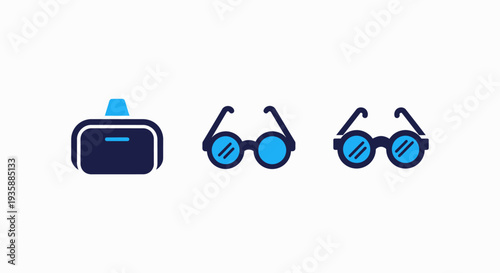 Set of icons including a VR headset and glasses, representing virtual reality, augmented reality, and vision concepts.