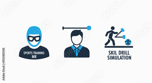 Sports training and skill drill simulation icons: coach, analysis, and active athlete with ball. Modern flat design.