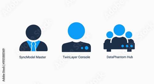 Icons for SyncModel Master, TwinLayer Console, and DataPhantom Hub. Representing data management, connectivity, and master control systems.