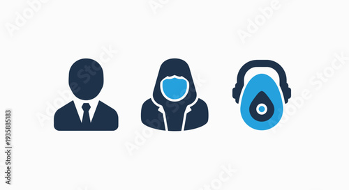 Icons representing a businessman, a veiled person, and a mask with headphones. Symbolizing privacy, identity, security, and communication.
