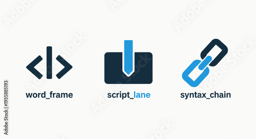 Web development icons: code, script, and syntax chain. Representing programming, logic, data structures, and digital content creation.