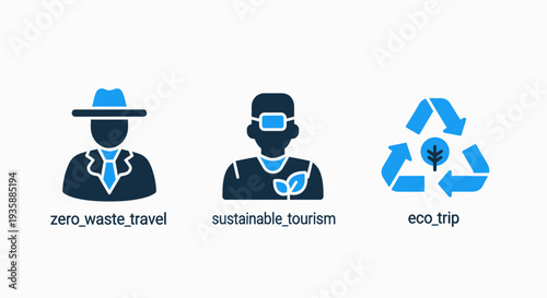 Eco-friendly travel and sustainability icons: zero waste travel, sustainable tourism, and eco trip. Promoting responsible tourism and environmental care.