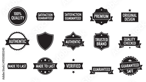 Black and white badge collection in vintage style with guarantee and quality labels for branding and marketing