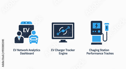 Electric vehicle icons: network analytics dashboard, charger tracker, and charging station performance. EV infrastructure, smart mobility, and sustainable transport.