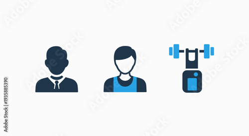 Fitness icons: person silhouette, trainer, and weightlifting machine. Gym, exercise, personal training, and sports equipment for health and wellness.