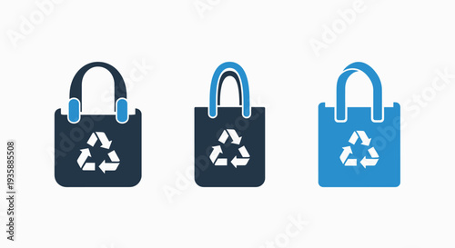 Three reusable shopping bag icons with recycling symbols, promoting eco-friendly shopping and sustainability in dark blue and lighter blue.