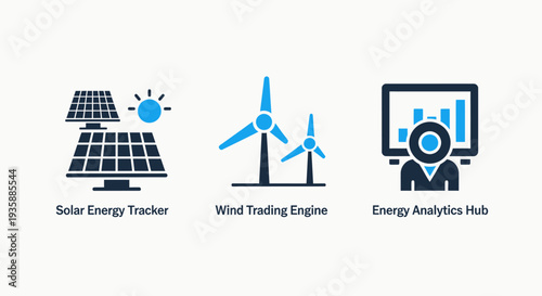 Icons representing renewable energy solutions: solar tracker, wind turbines, and energy analytics hub for sustainable power generation and monitoring.