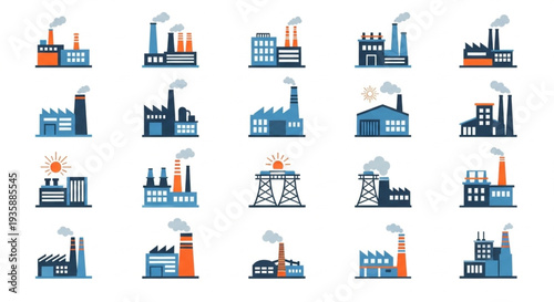 Collection of Industrial Factory Buildings with Smoke Stacks.