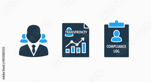 Business icons for compliance, transparency, and teamwork, representing corporate success and professional integrity in modern workplaces.