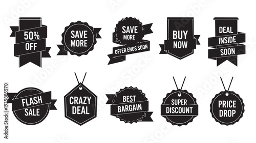 Black promotional labels with white text in modern minimalist design on plain white background for e-commerce marketing