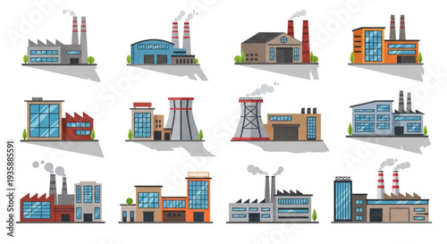 Collection of Industrial Factory Buildings with Smoke Stacks.